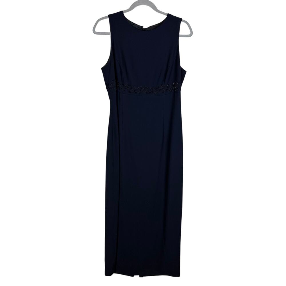 Donna Morgan Maxi Dress Women's 10 Navy Blue Beaded Bow Keyhole Back Sleeveless‎